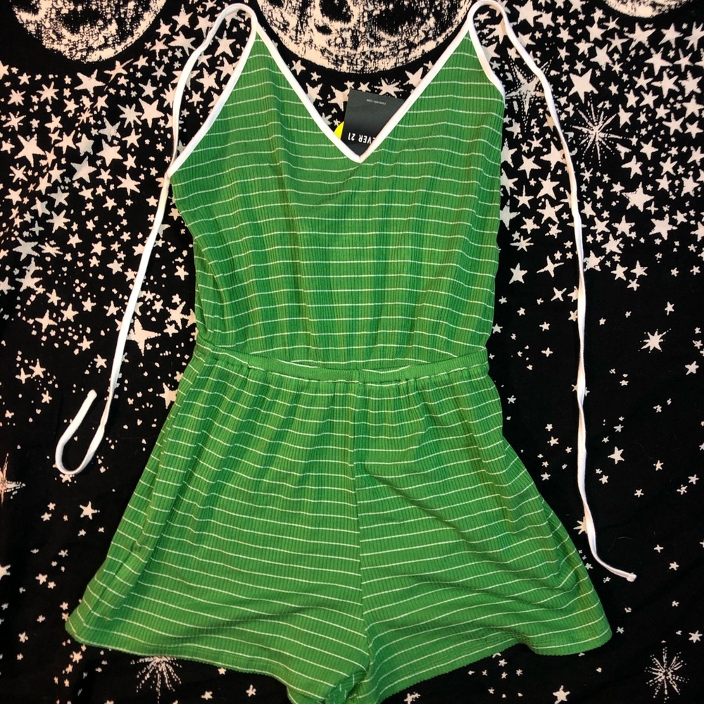 Green and white striped romper
